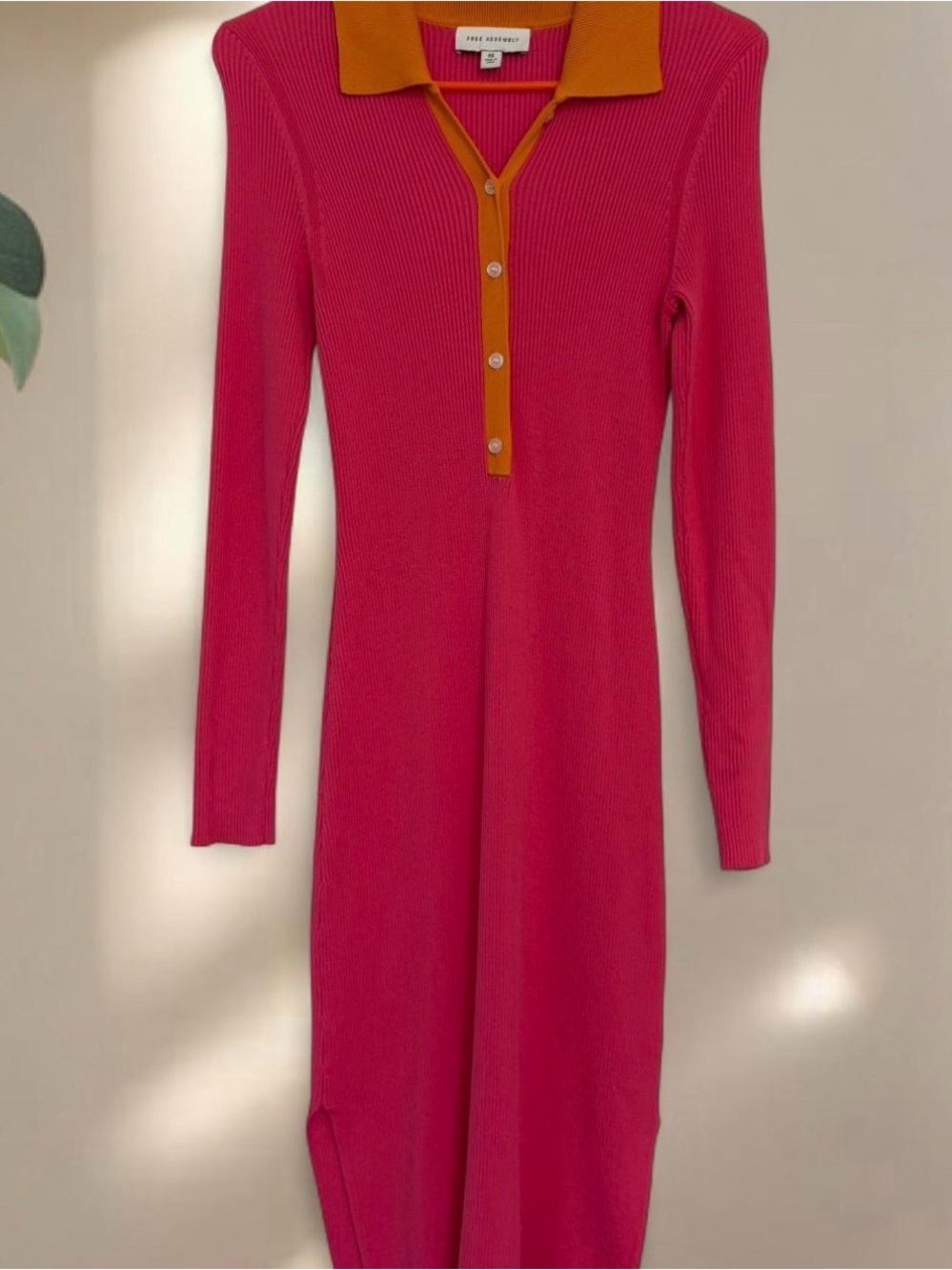 Sweater dress Free People Hot Pink Ribbed Polo Midi Dress with Orange Trim